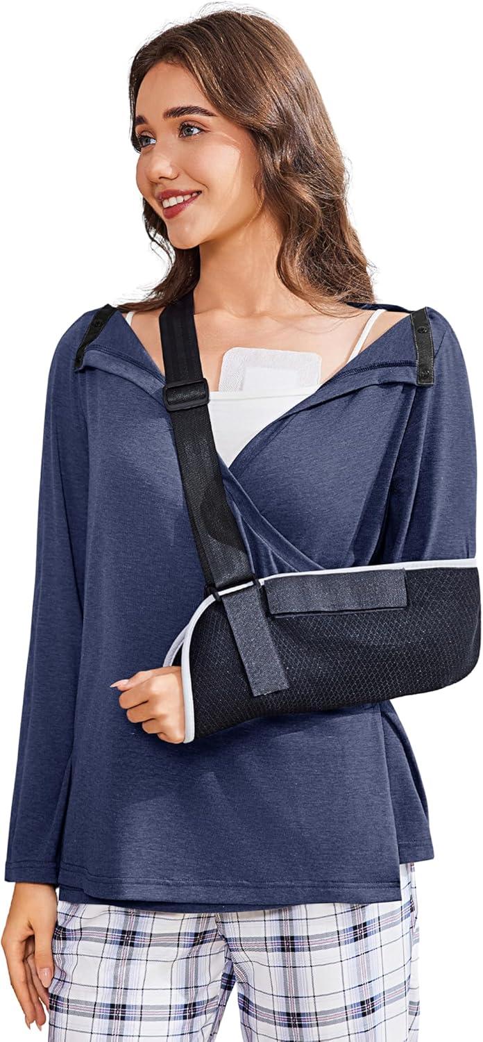 imageDeyeek Womens Post Shoulder Surgery Shirts Long Sleeve VNeck Wrap Chemo Blouse Easy Access Adaptive Snap On Dialysis ShirtsNavy Blue
