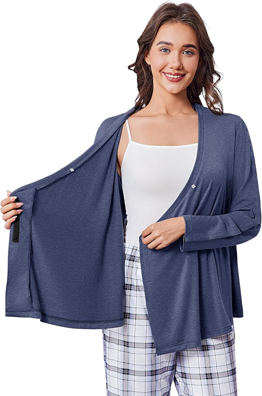 imageDeyeek Womens Post Shoulder Surgery Shirts Long Sleeve VNeck Wrap Chemo Blouse Easy Access Adaptive Snap On Dialysis ShirtsNavy Blue