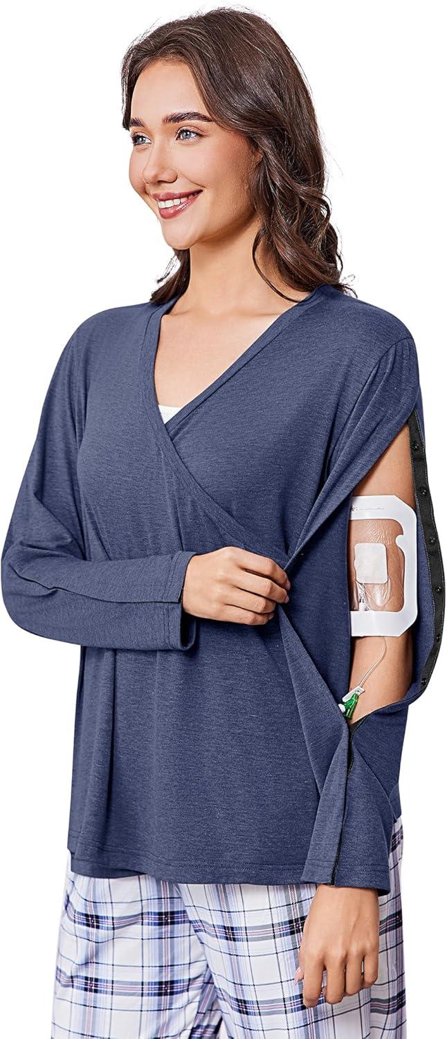 imageDeyeek Womens Post Shoulder Surgery Shirts Long Sleeve VNeck Wrap Chemo Blouse Easy Access Adaptive Snap On Dialysis ShirtsNavy Blue