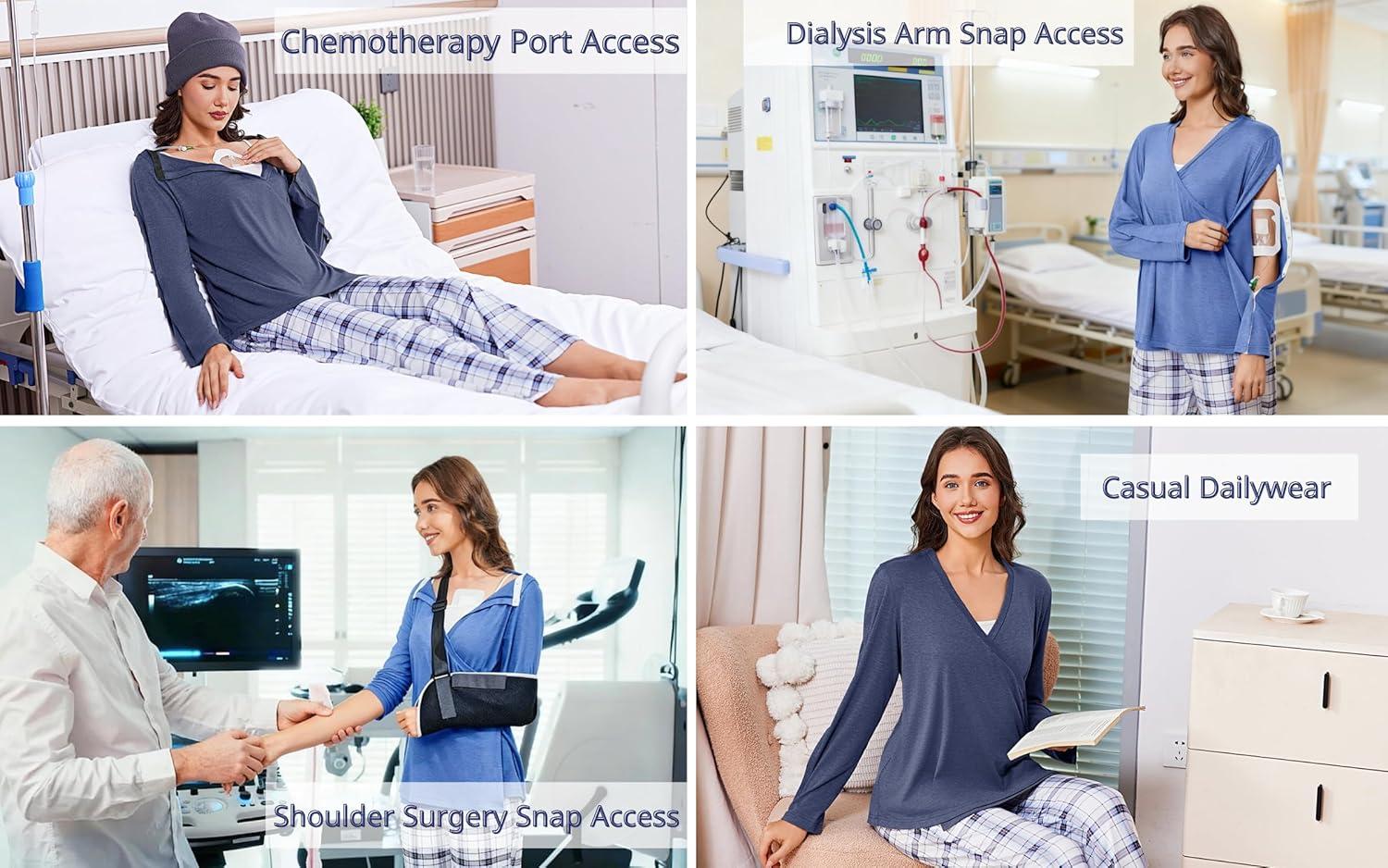imageDeyeek Womens Post Shoulder Surgery Shirts Long Sleeve VNeck Wrap Chemo Blouse Easy Access Adaptive Snap On Dialysis ShirtsNavy Blue
