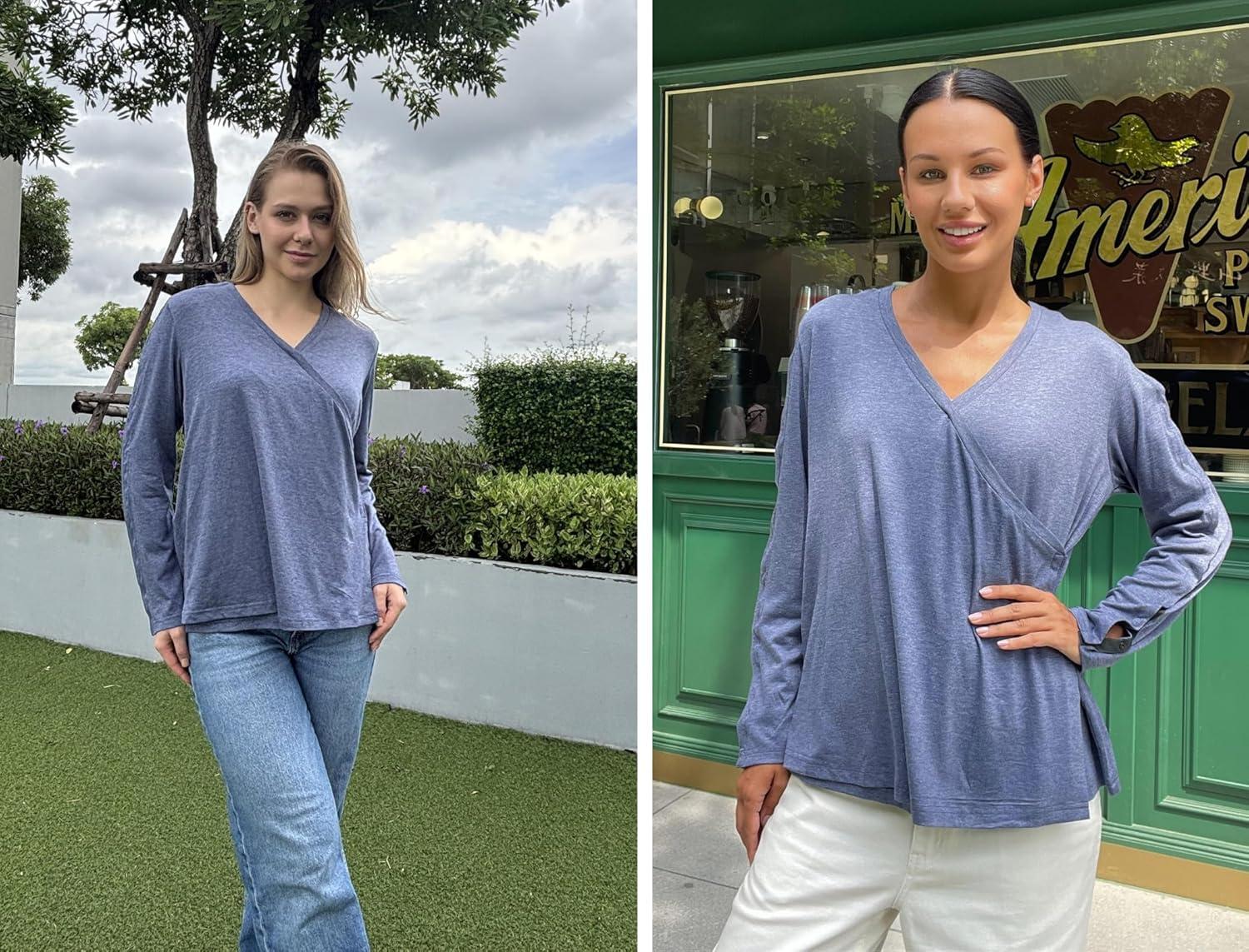 imageDeyeek Womens Post Shoulder Surgery Shirts Long Sleeve VNeck Wrap Chemo Blouse Easy Access Adaptive Snap On Dialysis ShirtsNavy Blue