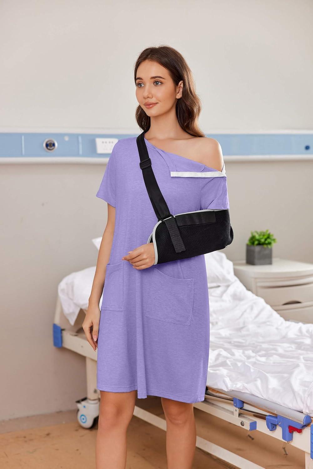 imageDeyeek Womens Post Shoulder Surgery dress Tear Away Short Sleeve Full Open Side Snap Adaptive Clothing with PocketsLilac