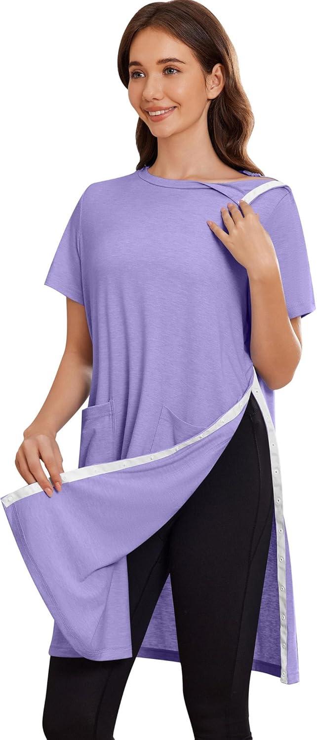 imageDeyeek Womens Post Shoulder Surgery dress Tear Away Short Sleeve Full Open Side Snap Adaptive Clothing with PocketsLilac