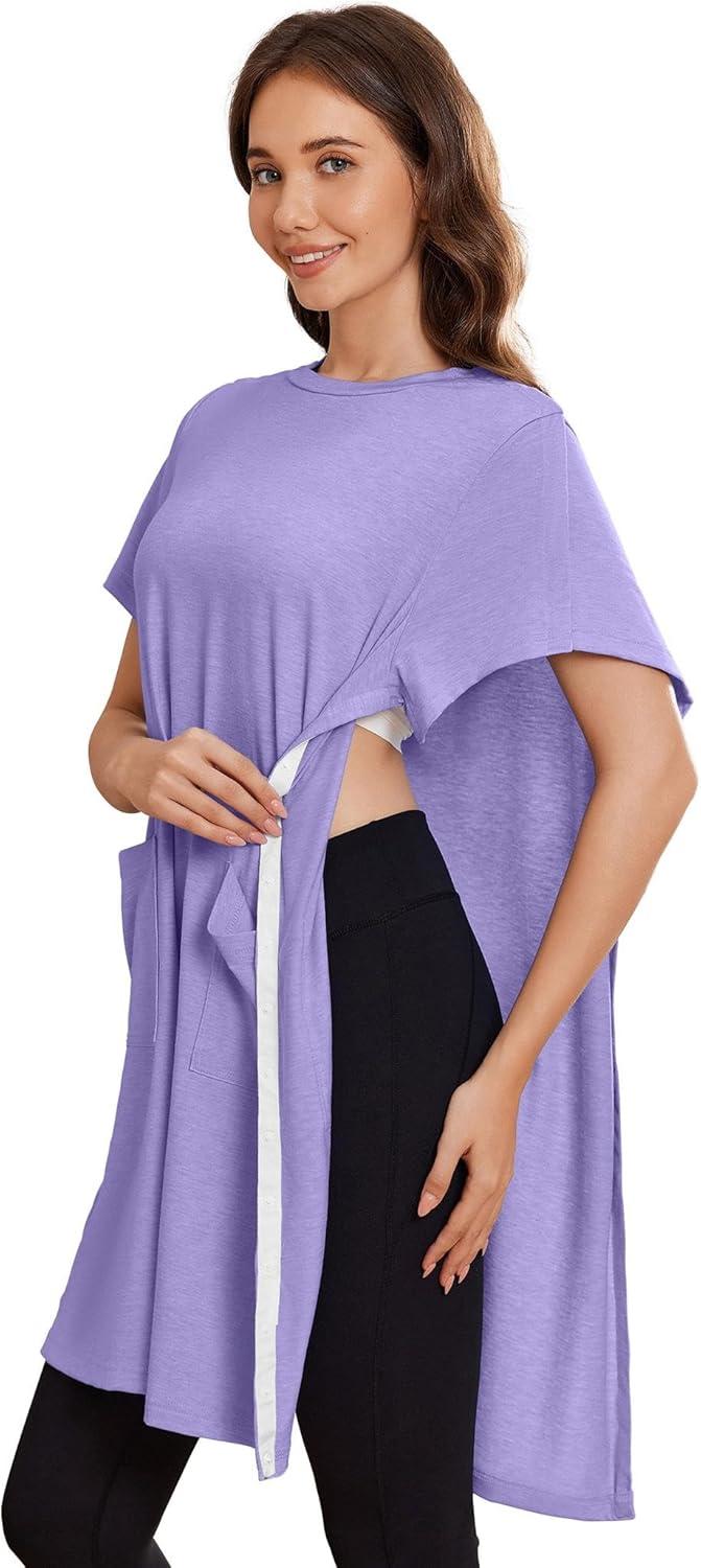 imageDeyeek Womens Post Shoulder Surgery dress Tear Away Short Sleeve Full Open Side Snap Adaptive Clothing with PocketsLilac