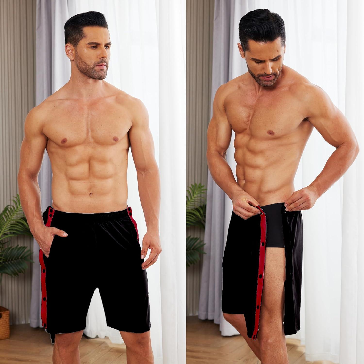 imageTear Away Shorts for Men Post Surgery Adaptive Clothing Wide Leg Snap Loose Fit ShortsBlackred