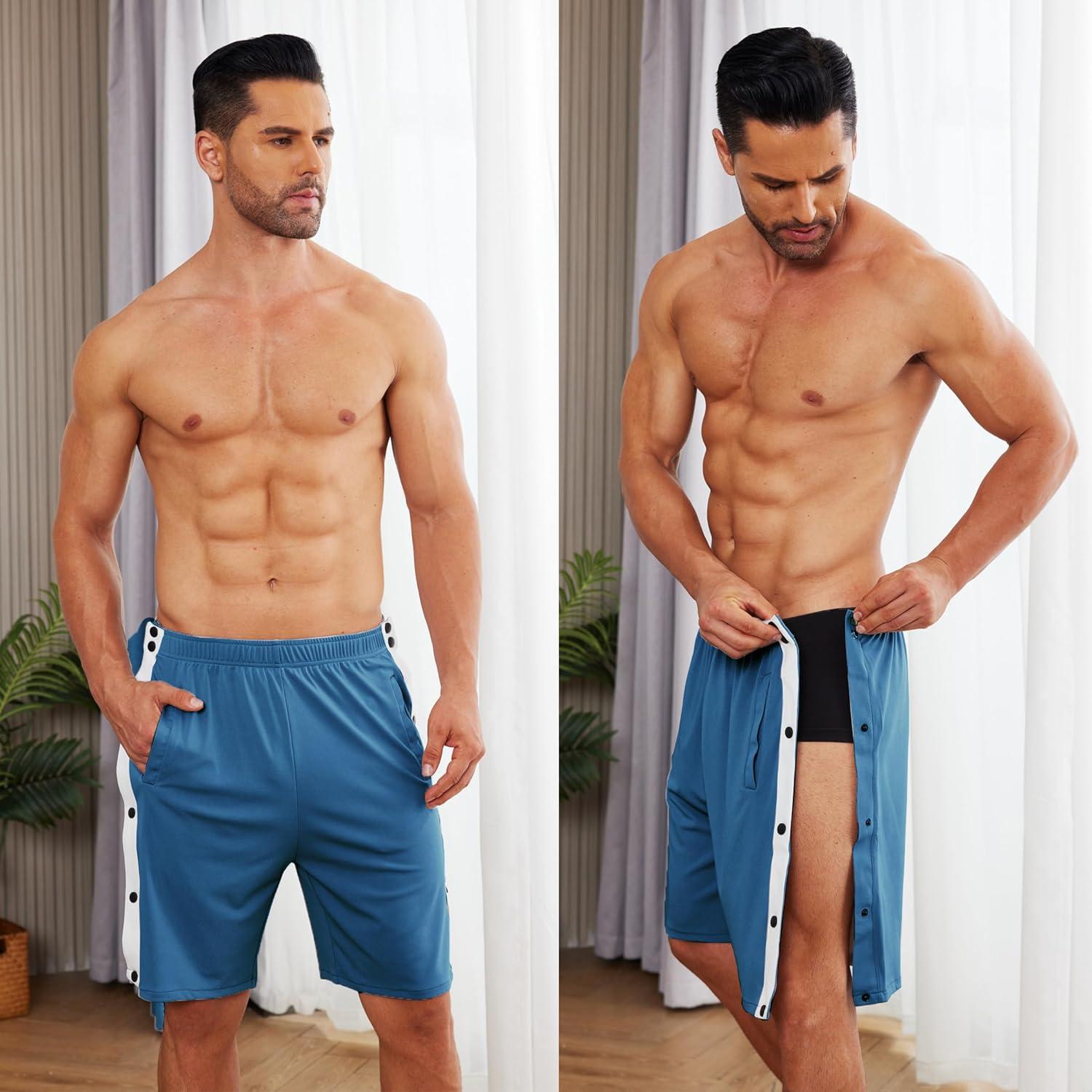 imageTear Away Shorts for Men Post Surgery Adaptive Clothing Wide Leg Snap Loose Fit ShortsDark Blue