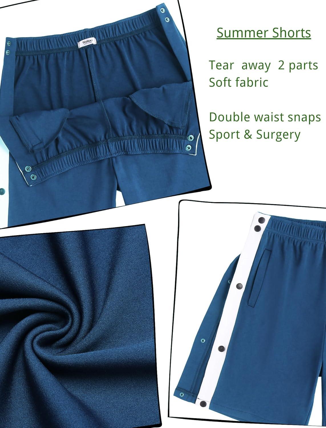 imageTear Away Shorts for Men Post Surgery Adaptive Clothing Wide Leg Snap Loose Fit ShortsDark Blue