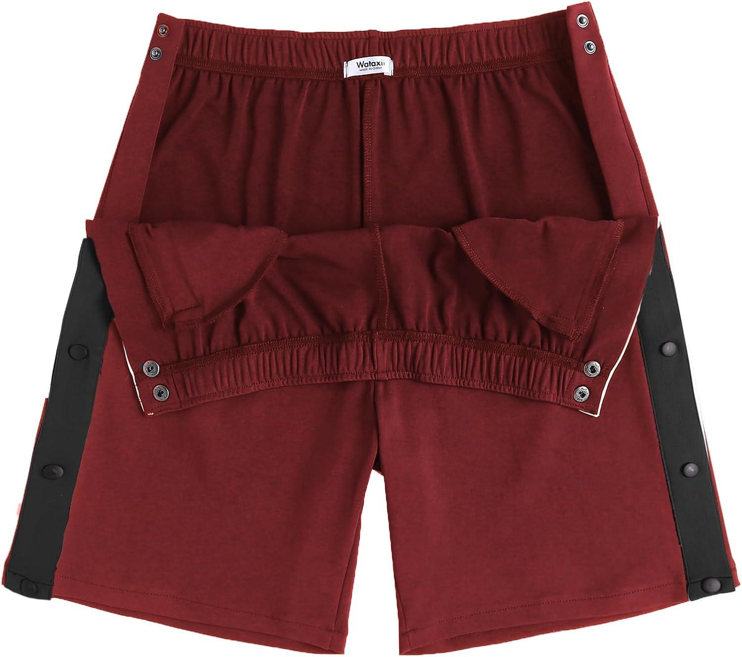 imageTear Away Shorts for Men Post Surgery Adaptive Clothing Wide Leg Snap Loose Fit ShortsJujube Red