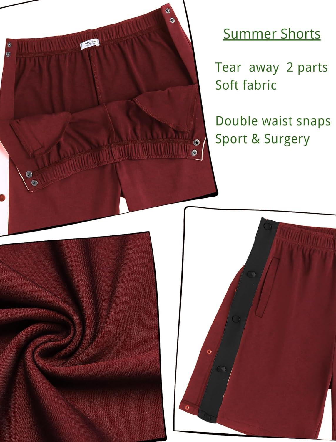 imageTear Away Shorts for Men Post Surgery Adaptive Clothing Wide Leg Snap Loose Fit ShortsJujube Red
