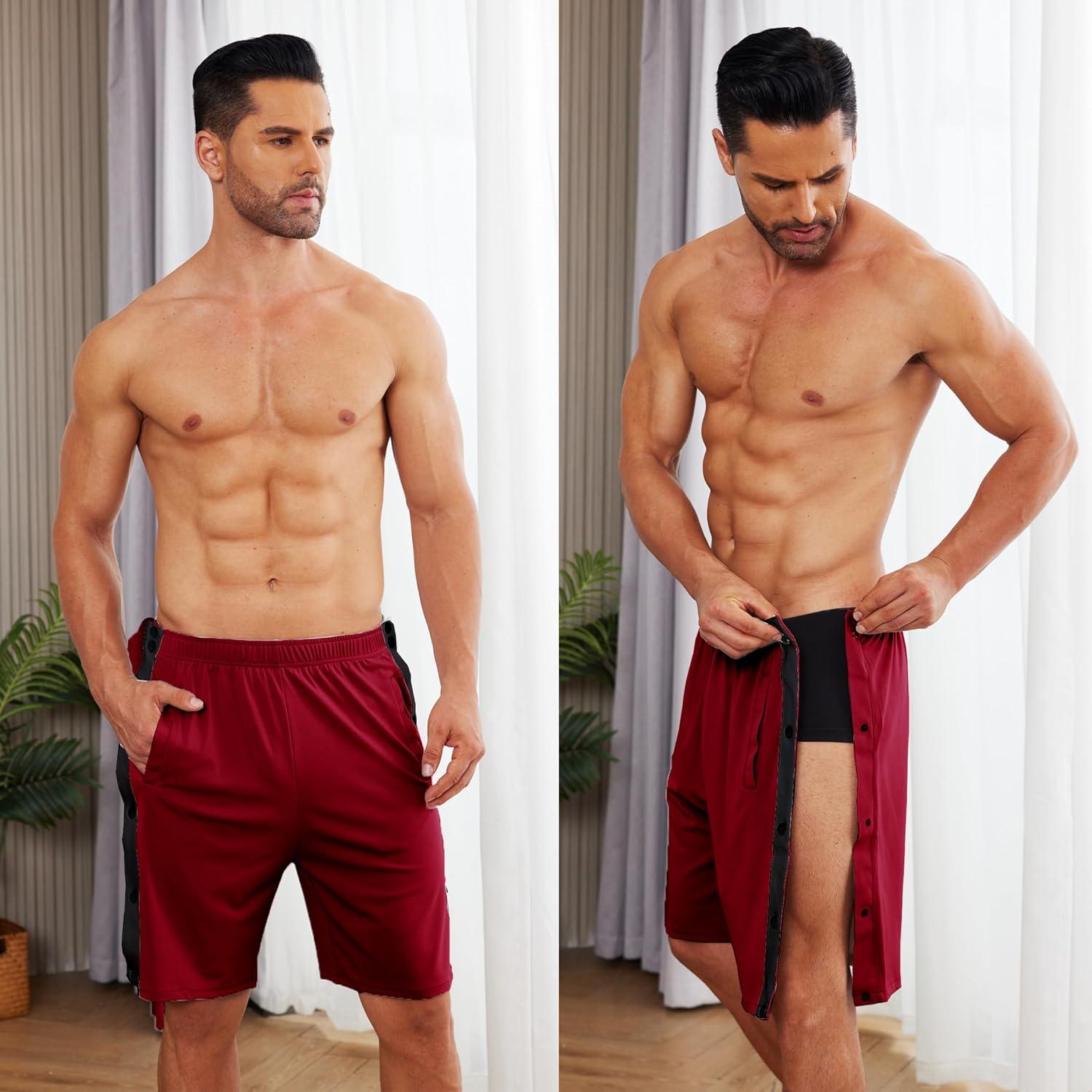 imageTear Away Shorts for Men Post Surgery Adaptive Clothing Wide Leg Snap Loose Fit ShortsJujube Red
