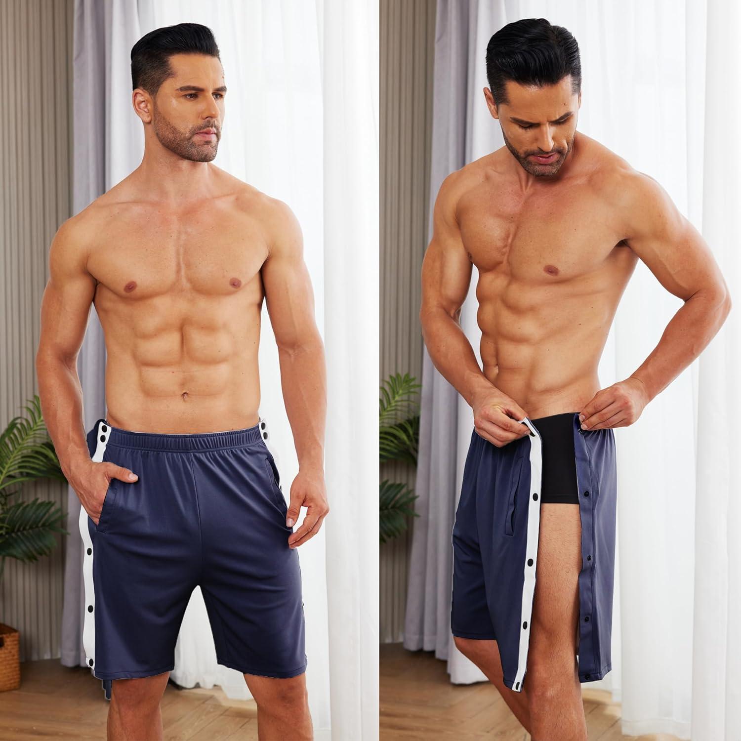 imageTear Away Shorts for Men Post Surgery Adaptive Clothing Wide Leg Snap Loose Fit ShortsNavy Blue