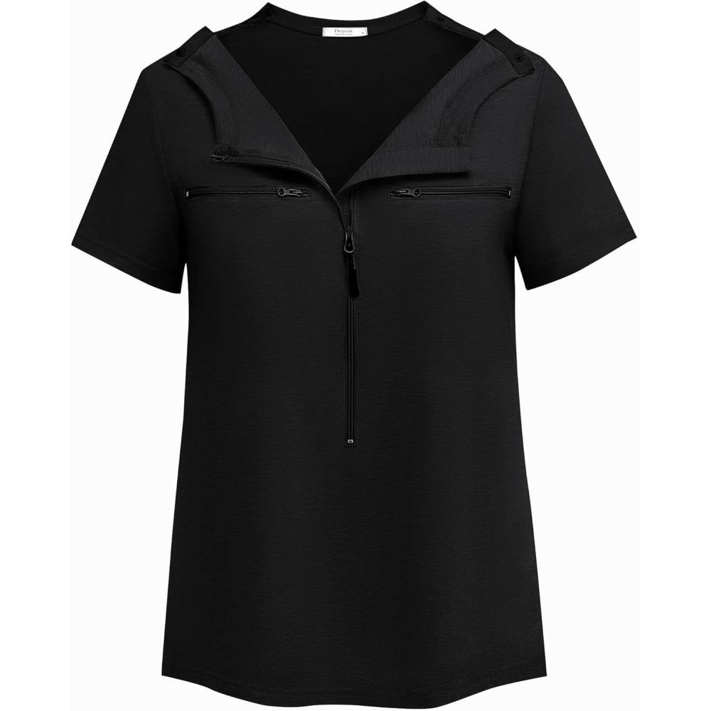 imageDeyeek Chemo Shirts for Port Access Women 2 Side Snap Short Sleeve Shoulder Surgery Rotator Cuff Dialysis Recovery ShirtsBlack