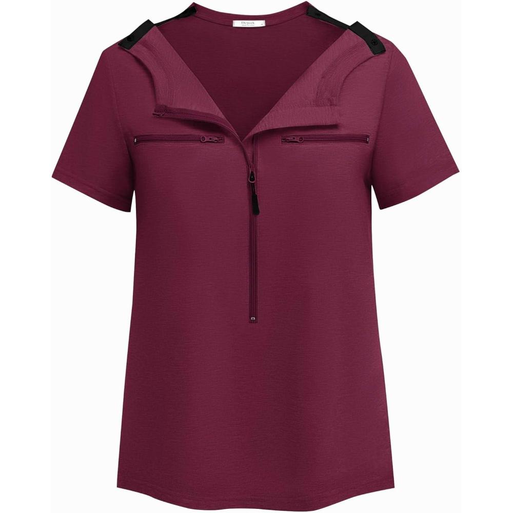 imageDeyeek Chemo Shirts for Port Access Women 2 Side Snap Short Sleeve Shoulder Surgery Rotator Cuff Dialysis Recovery ShirtsDark Red