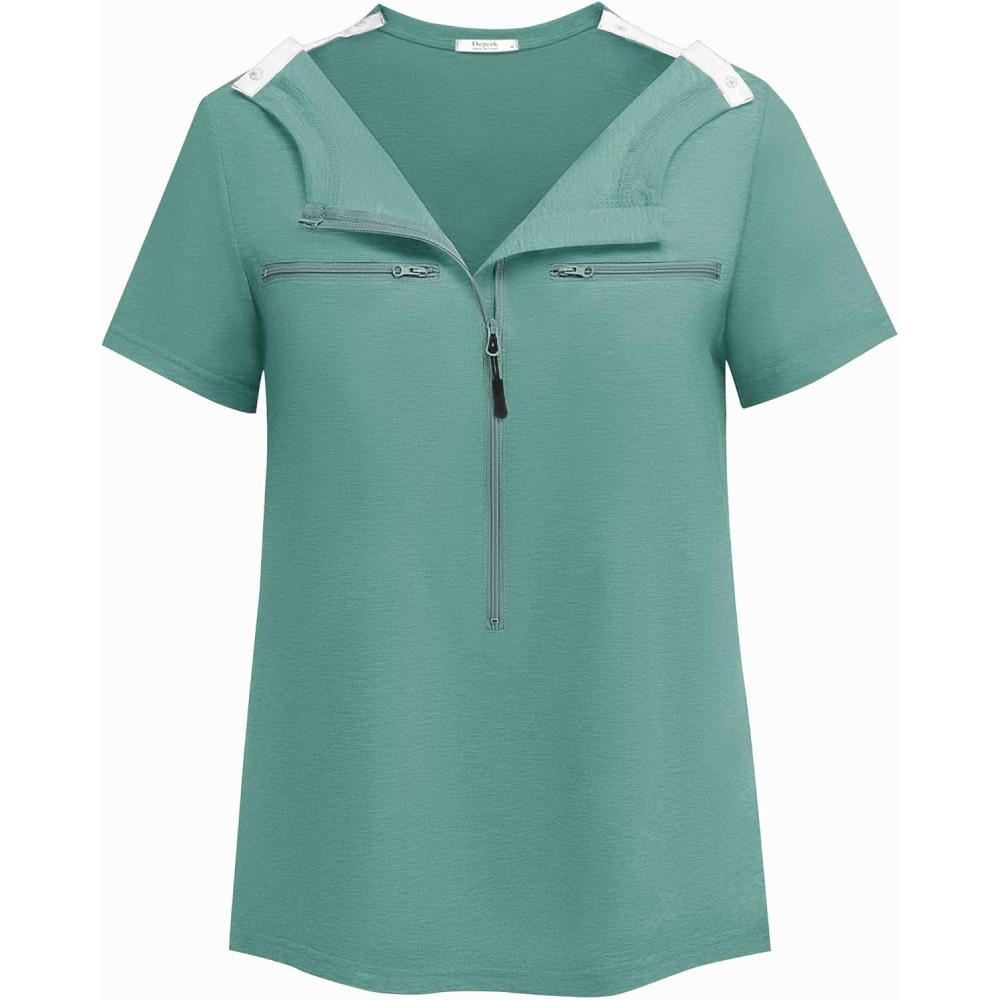 imageDeyeek Chemo Shirts for Port Access Women 2 Side Snap Short Sleeve Shoulder Surgery Rotator Cuff Dialysis Recovery ShirtsGreen