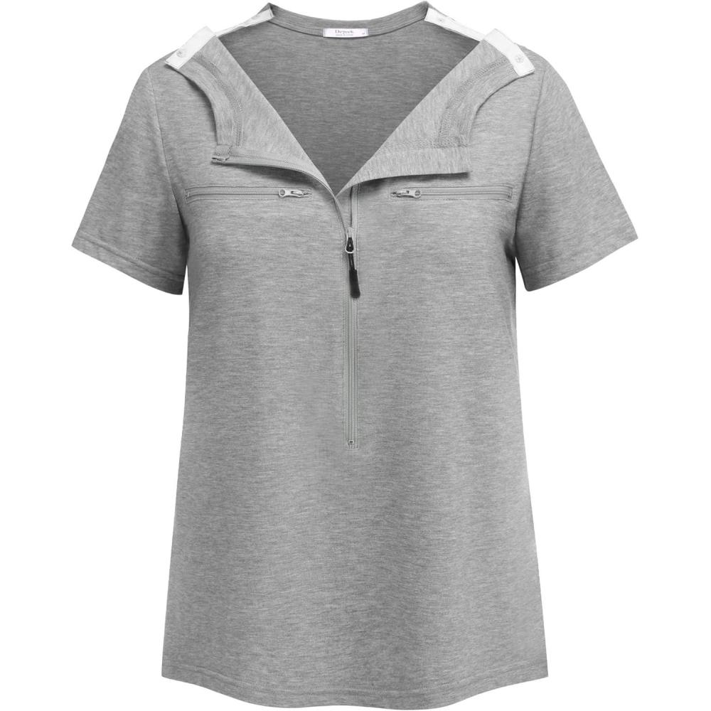 imageDeyeek Chemo Shirts for Port Access Women 2 Side Snap Short Sleeve Shoulder Surgery Rotator Cuff Dialysis Recovery ShirtsGrey