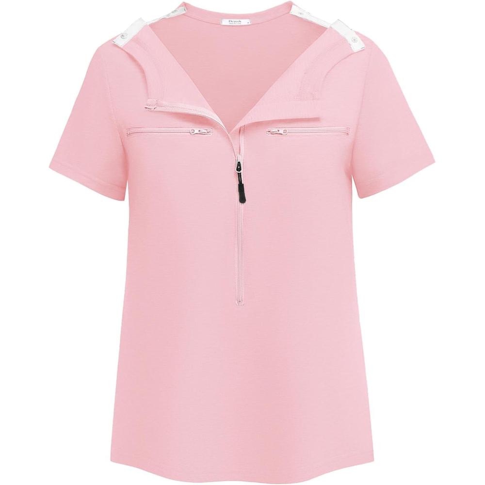 imageDeyeek Chemo Shirts for Port Access Women 2 Side Snap Short Sleeve Shoulder Surgery Rotator Cuff Dialysis Recovery ShirtsPink