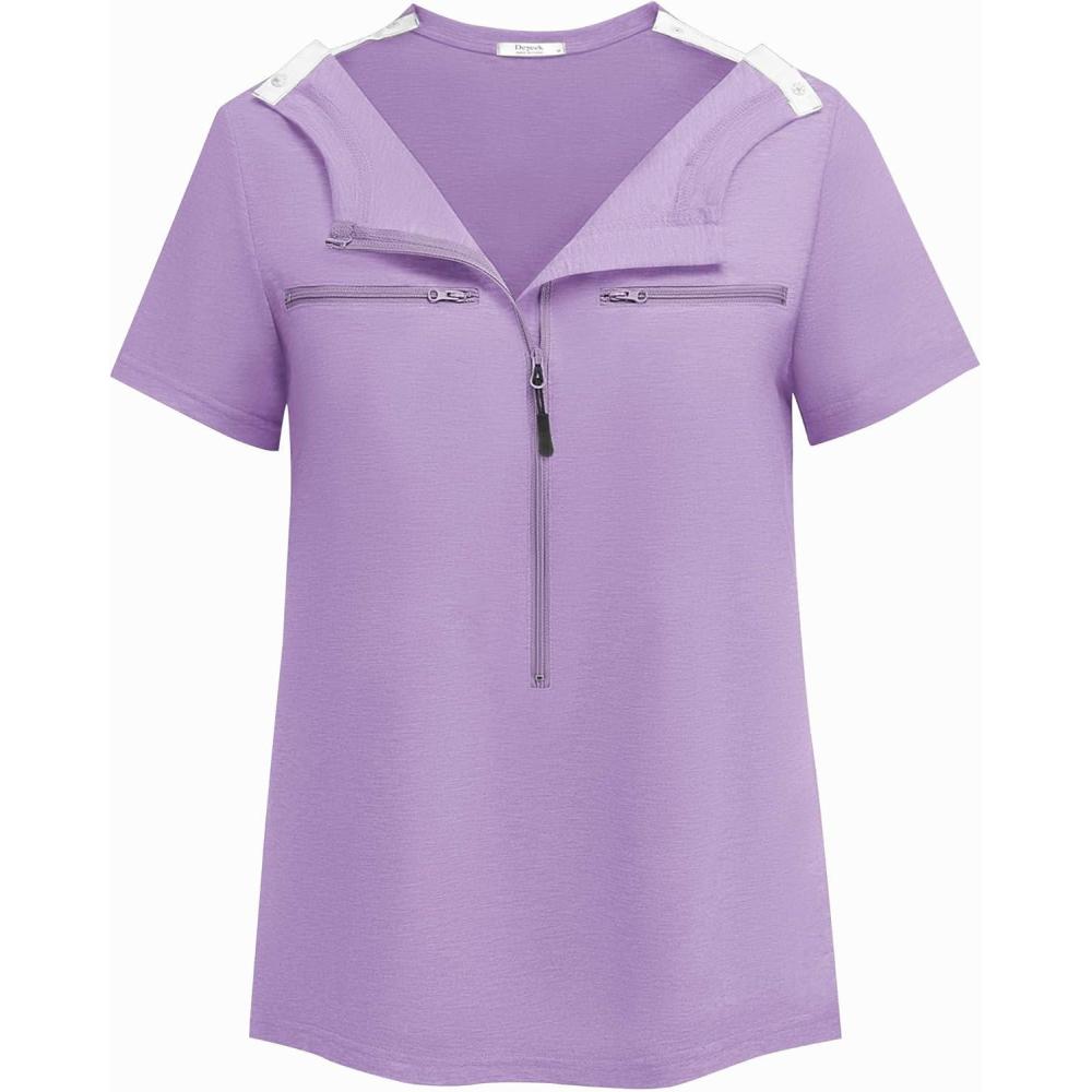 imageDeyeek Chemo Shirts for Port Access Women 2 Side Snap Short Sleeve Shoulder Surgery Rotator Cuff Dialysis Recovery ShirtsPurple