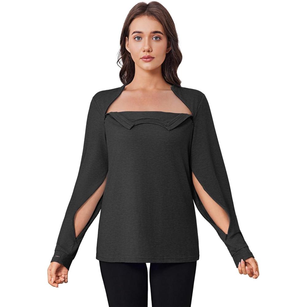 imageDeyeek Chemo Shirts for Port Access Women Long Sleeve Shoulder Post Surgery Shirt Dialysis Sweatshirts with Arm ZipperBlack