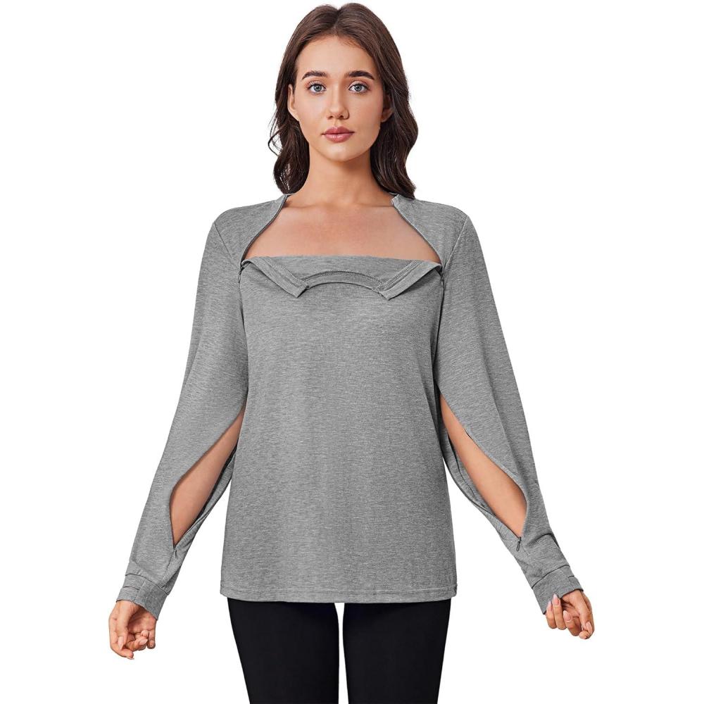 imageDeyeek Chemo Shirts for Port Access Women Long Sleeve Shoulder Post Surgery Shirt Dialysis Sweatshirts with Arm ZipperLight Gray
