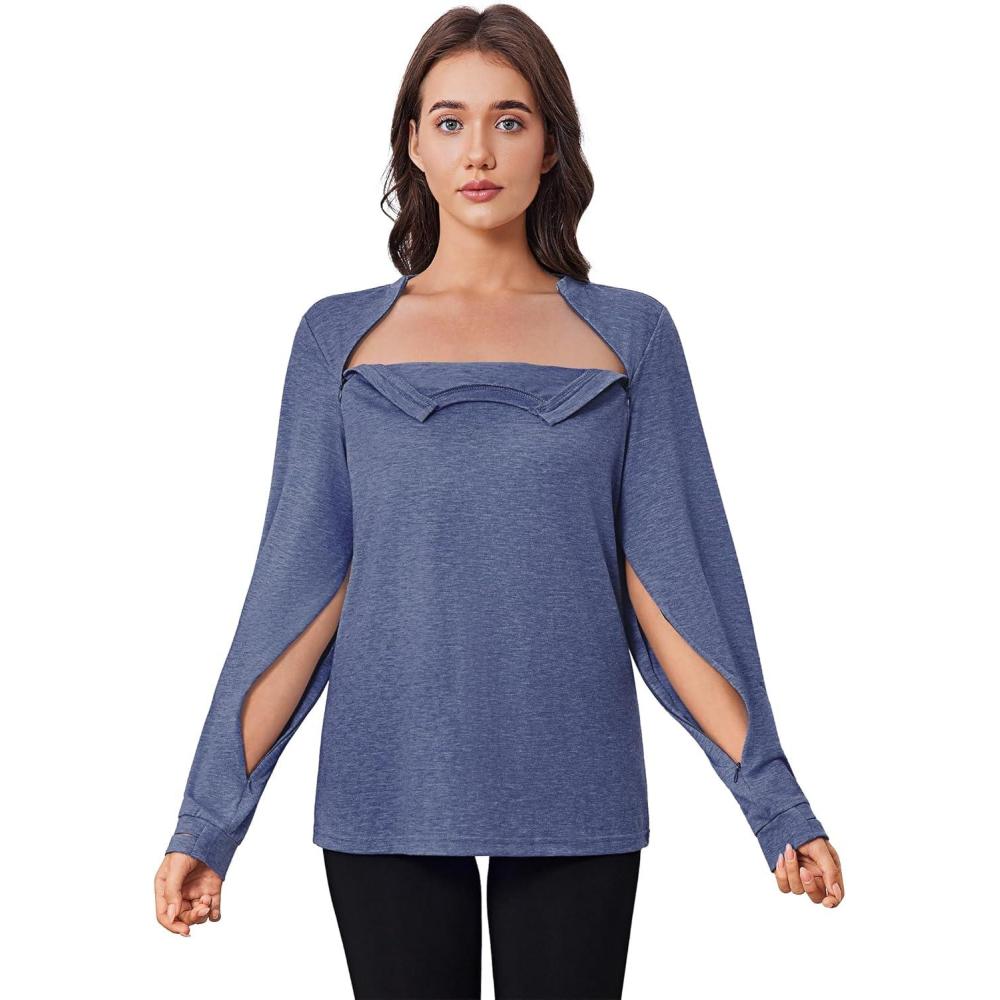 imageDeyeek Chemo Shirts for Port Access Women Long Sleeve Shoulder Post Surgery Shirt Dialysis Sweatshirts with Arm ZipperNavy Blue