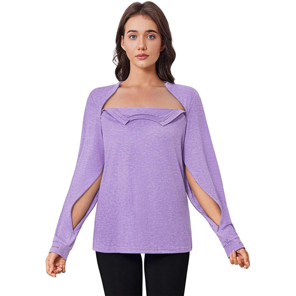 imageDeyeek Chemo Shirts for Port Access Women Long Sleeve Shoulder Post Surgery Shirt Dialysis Sweatshirts with Arm ZipperPurple