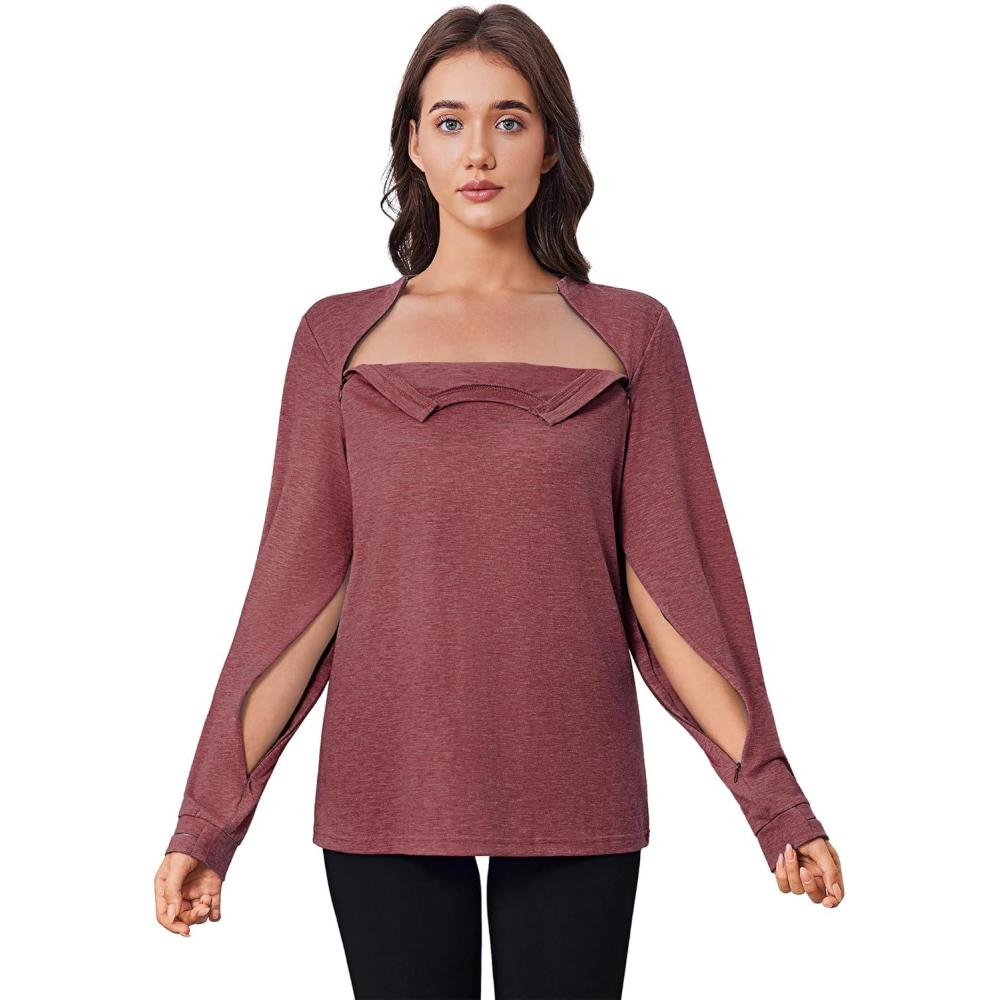 imageDeyeek Chemo Shirts for Port Access Women Long Sleeve Shoulder Post Surgery Shirt Dialysis Sweatshirts with Arm ZipperRed