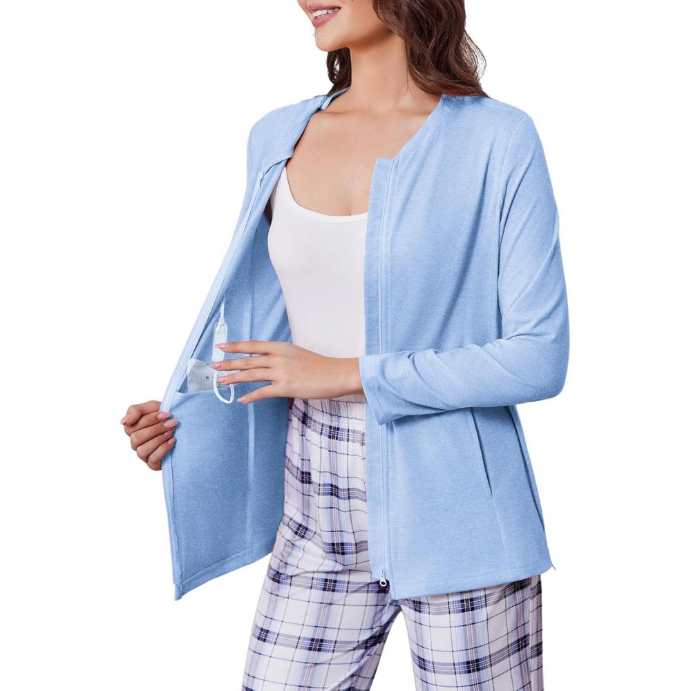 imageDeyeek Mastectomy Shirts with Drain Pockets Post Shoulder Surgery Tops for Women Chemo Port Long Sleeve with ZippersLight Blue