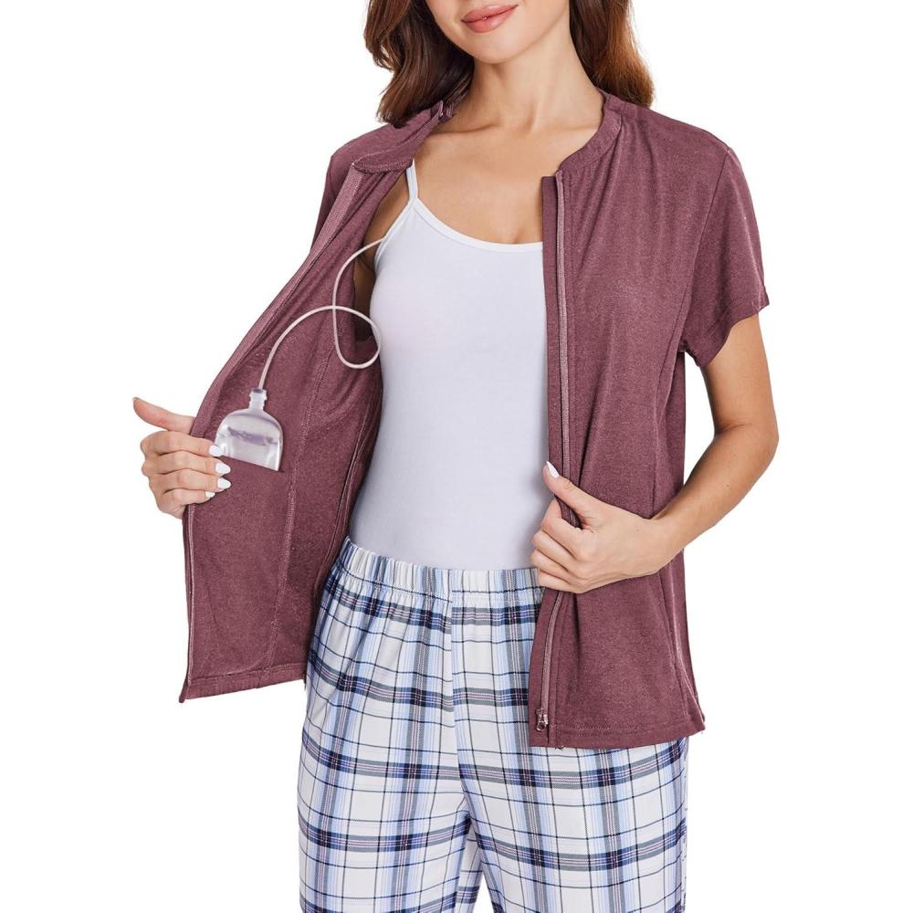 imageDeyeek Mastectomy Shirts with Drain Pockets Post Shoulder Surgery Tops for Women Chemo Port Short Sleeve with Zippers