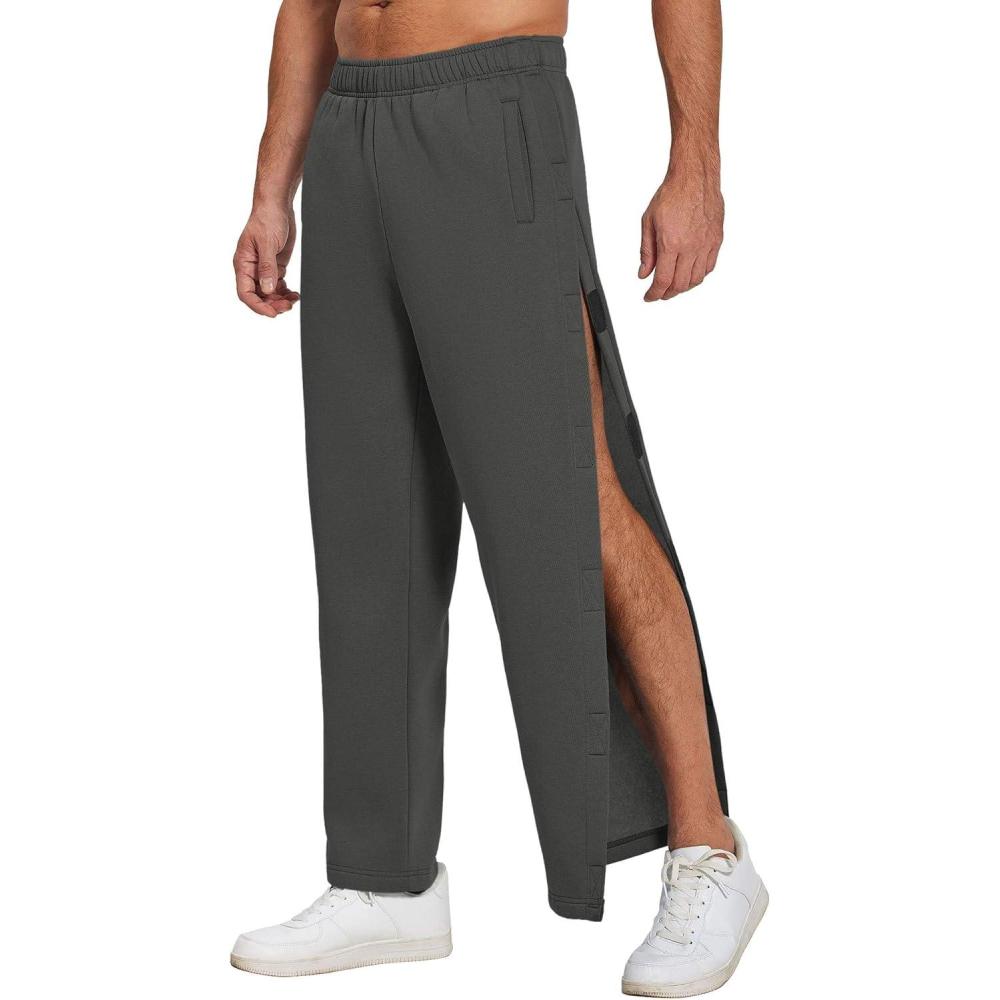 imageDeyeek Mens Fleece Tear Away Pants Loose Fit Post Knee Replacement Surgery Pants Breakaway Sweatpants Side Snap with PocketsDark Grey