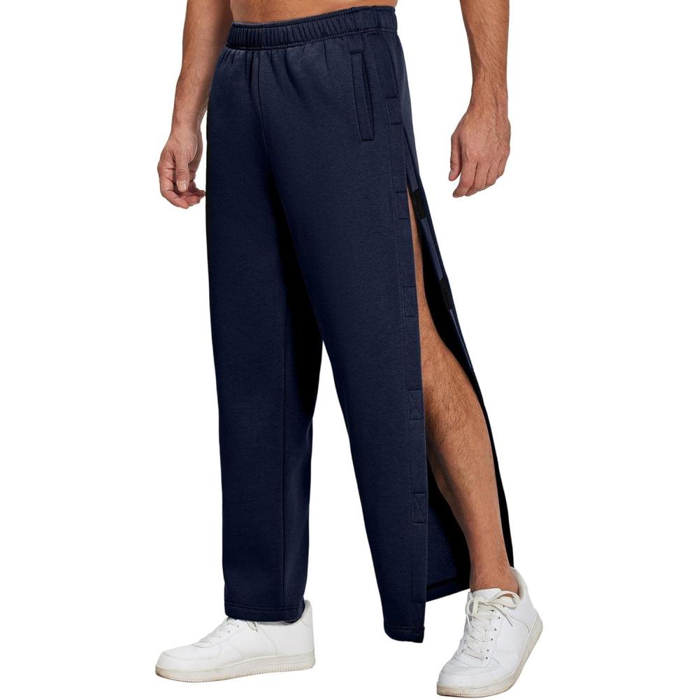 imageDeyeek Mens Fleece Tear Away Pants Loose Fit Post Knee Replacement Surgery Pants Breakaway Sweatpants Side Snap with PocketsNavy Blue