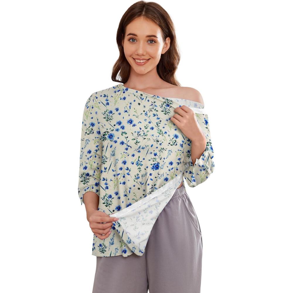 imageDeyeek Post Shoulder Surgery Shirts for Women Tear Away 34 Tops After Rotator Cuff Shirts Chemo Port Adaptive ClothingApricot Print