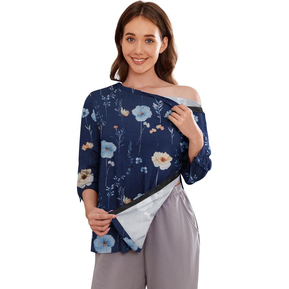 imageDeyeek Post Shoulder Surgery Shirts for Women Tear Away 34 Tops After Rotator Cuff Shirts Chemo Port Adaptive ClothingBlue Print