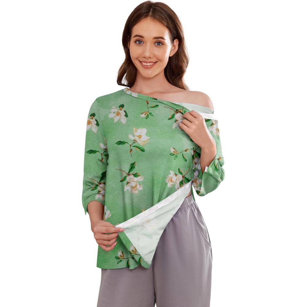 imageDeyeek Post Shoulder Surgery Shirts for Women Tear Away 34 Tops After Rotator Cuff Shirts Chemo Port Adaptive ClothingGreen Print