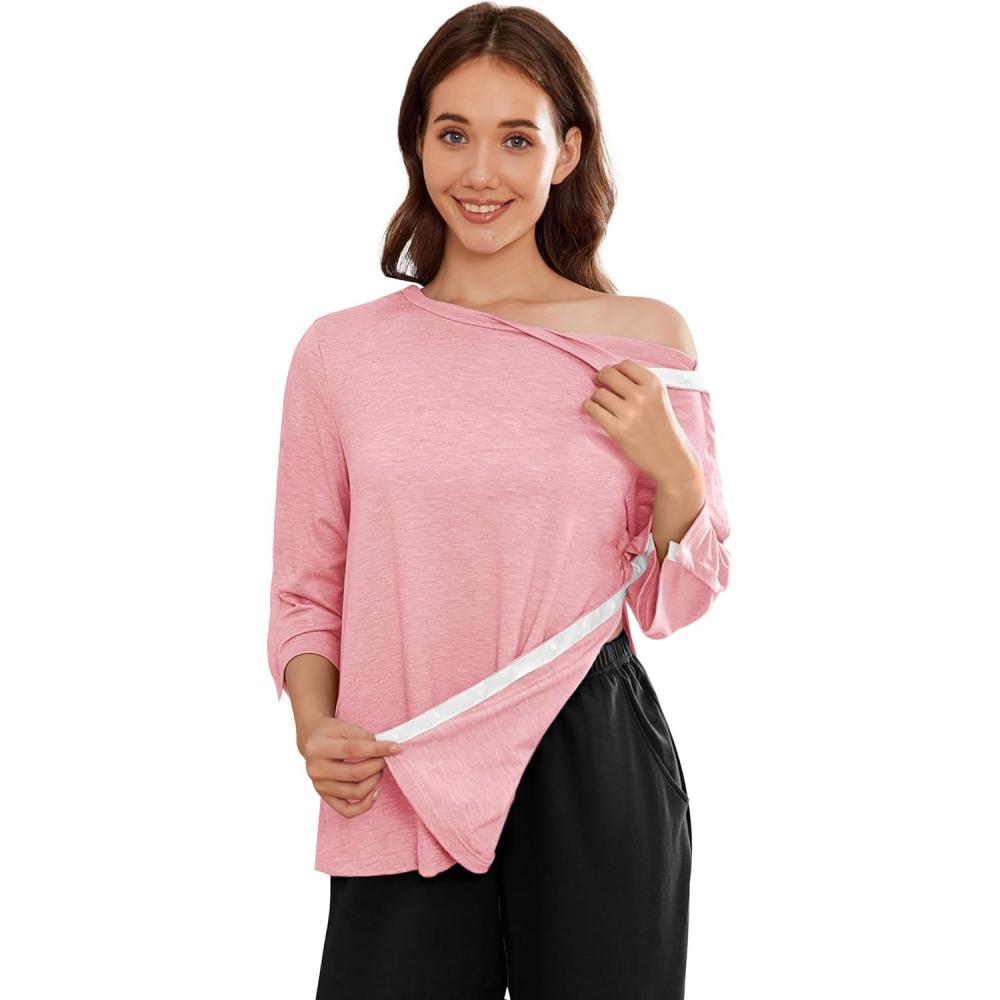 imageDeyeek Post Shoulder Surgery Shirts for Women Tear Away 34 Tops After Rotator Cuff Shirts Chemo Port Adaptive ClothingPink