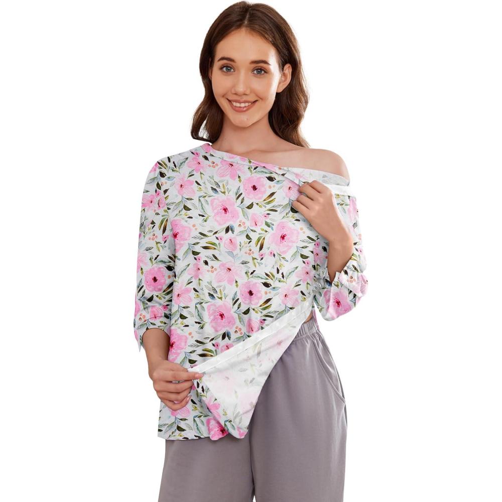 imageDeyeek Post Shoulder Surgery Shirts for Women Tear Away 34 Tops After Rotator Cuff Shirts Chemo Port Adaptive ClothingPink Print