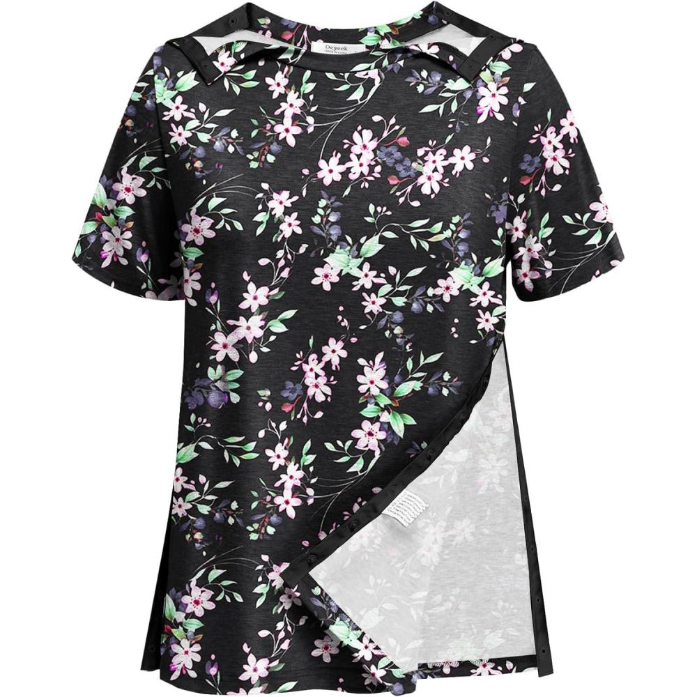 imageDeyeek Post Shoulder Surgery Shirts for Women Tear Away Side Snap Chemo Port Shirts Short Sleeve Adaptive ClothingBlack Print