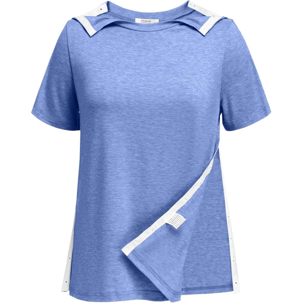 imageDeyeek Post Shoulder Surgery Shirts for Women Tear Away Side Snap Chemo Port Shirts Short Sleeve Adaptive ClothingBlue