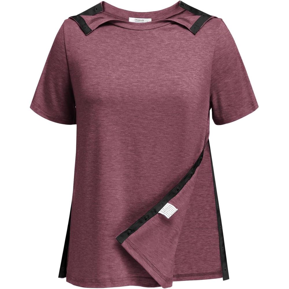 imageDeyeek Post Shoulder Surgery Shirts for Women Tear Away Side Snap Chemo Port Shirts Short Sleeve Adaptive ClothingBurgundy