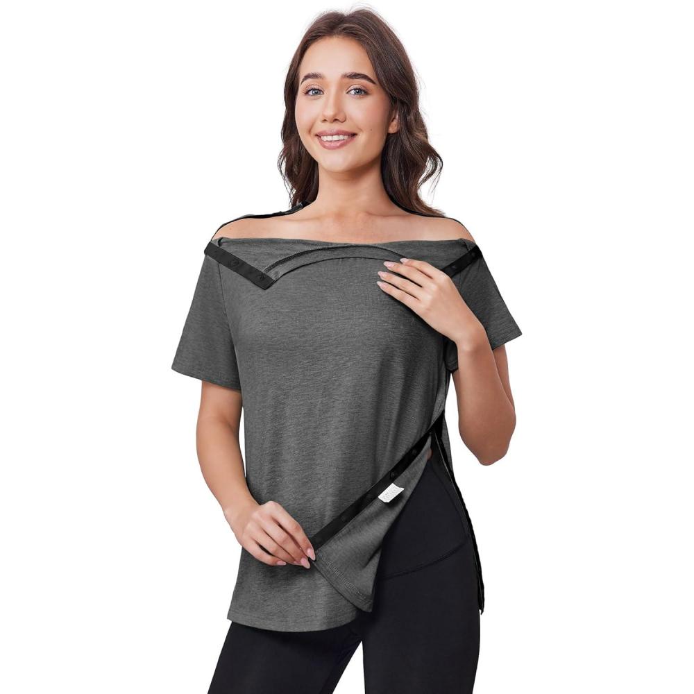 imageDeyeek Post Shoulder Surgery Shirts for Women Tear Away Side Snap Chemo Port Shirts Short Sleeve Adaptive ClothingDark Gray