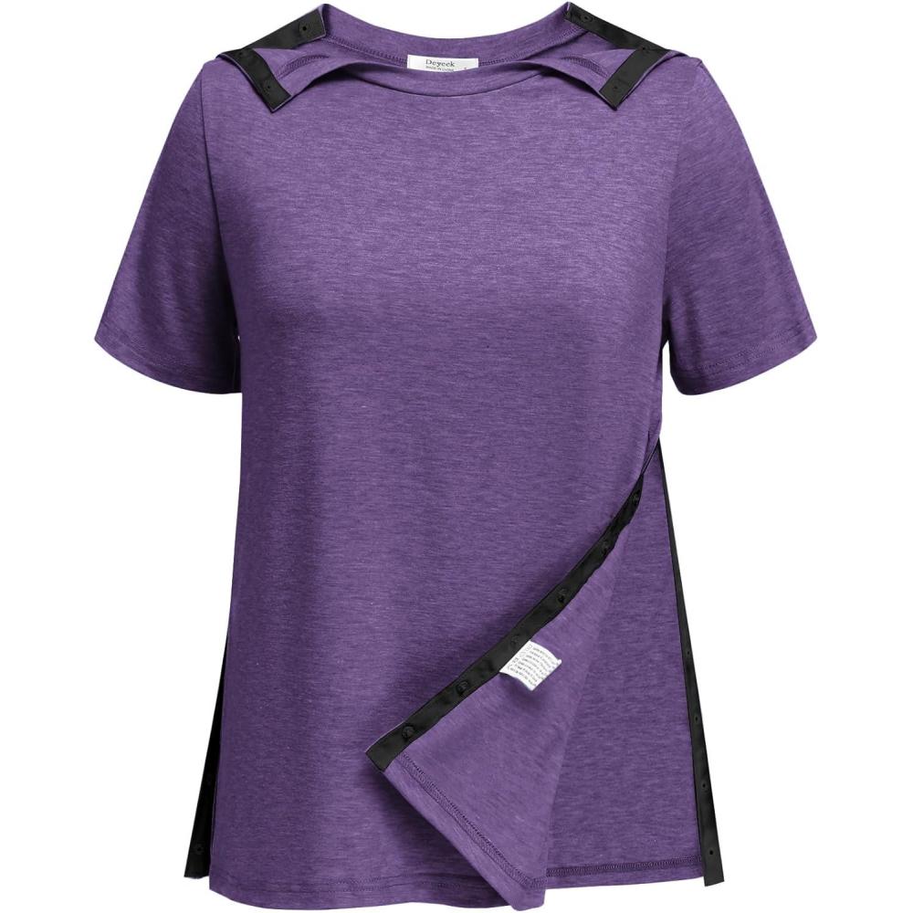imageDeyeek Post Shoulder Surgery Shirts for Women Tear Away Side Snap Chemo Port Shirts Short Sleeve Adaptive ClothingDark Purple