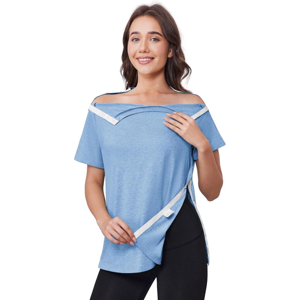imageDeyeek Post Shoulder Surgery Shirts for Women Tear Away Side Snap Chemo Port Shirts Short Sleeve Adaptive ClothingLight Blue