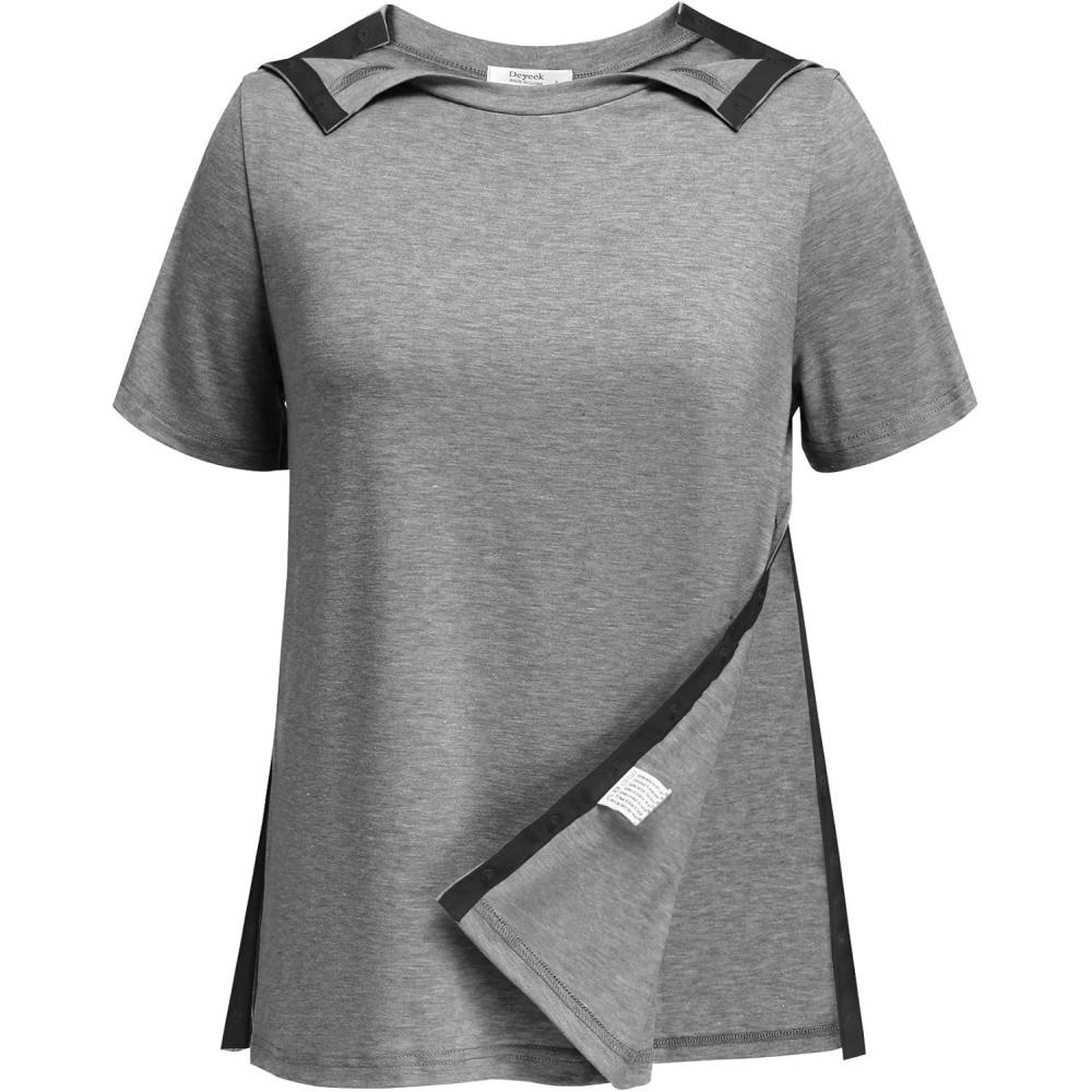 imageDeyeek Post Shoulder Surgery Shirts for Women Tear Away Side Snap Chemo Port Shirts Short Sleeve Adaptive ClothingLight Gray