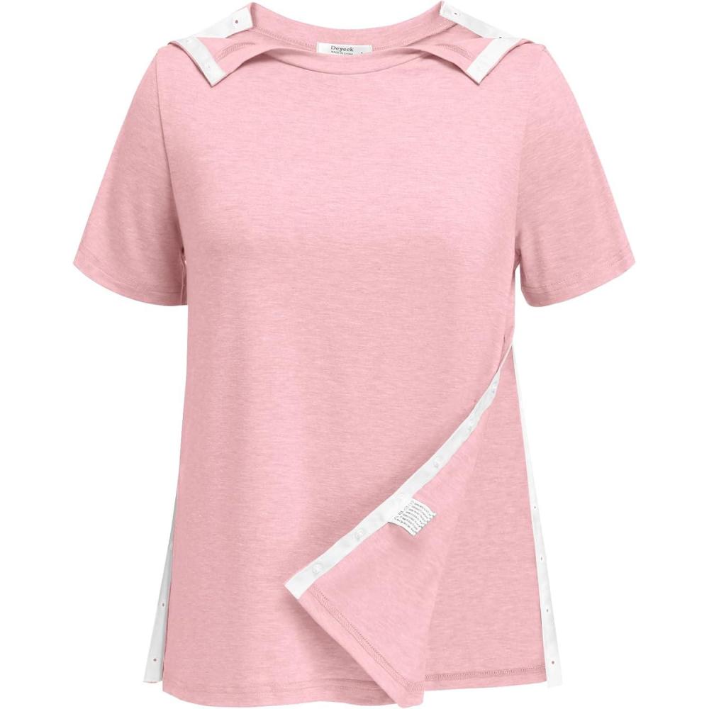imageDeyeek Post Shoulder Surgery Shirts for Women Tear Away Side Snap Chemo Port Shirts Short Sleeve Adaptive ClothingPink
