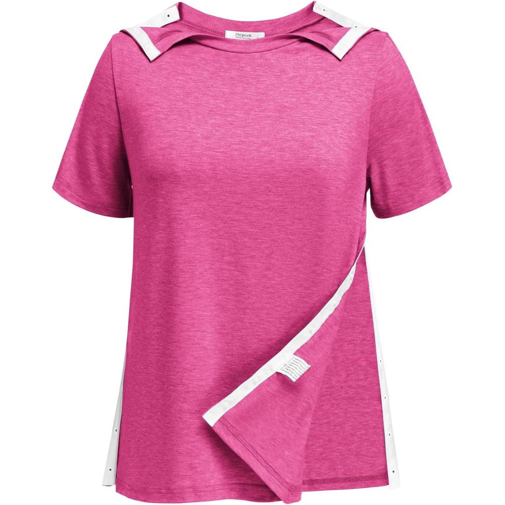 imageDeyeek Post Shoulder Surgery Shirts for Women Tear Away Side Snap Chemo Port Shirts Short Sleeve Adaptive ClothingRose Red