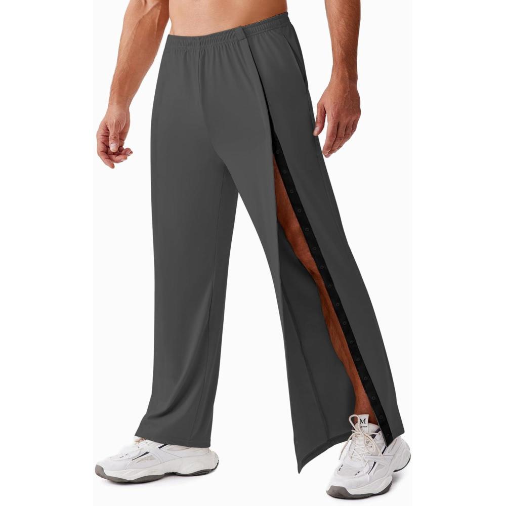 imageDeyeek Tear Away Pants for Men Open Bottom Side Snap On Sweatpants Baggy Post Knee Hip Leg Surgery Recovery Pant with PocketsDark Gray