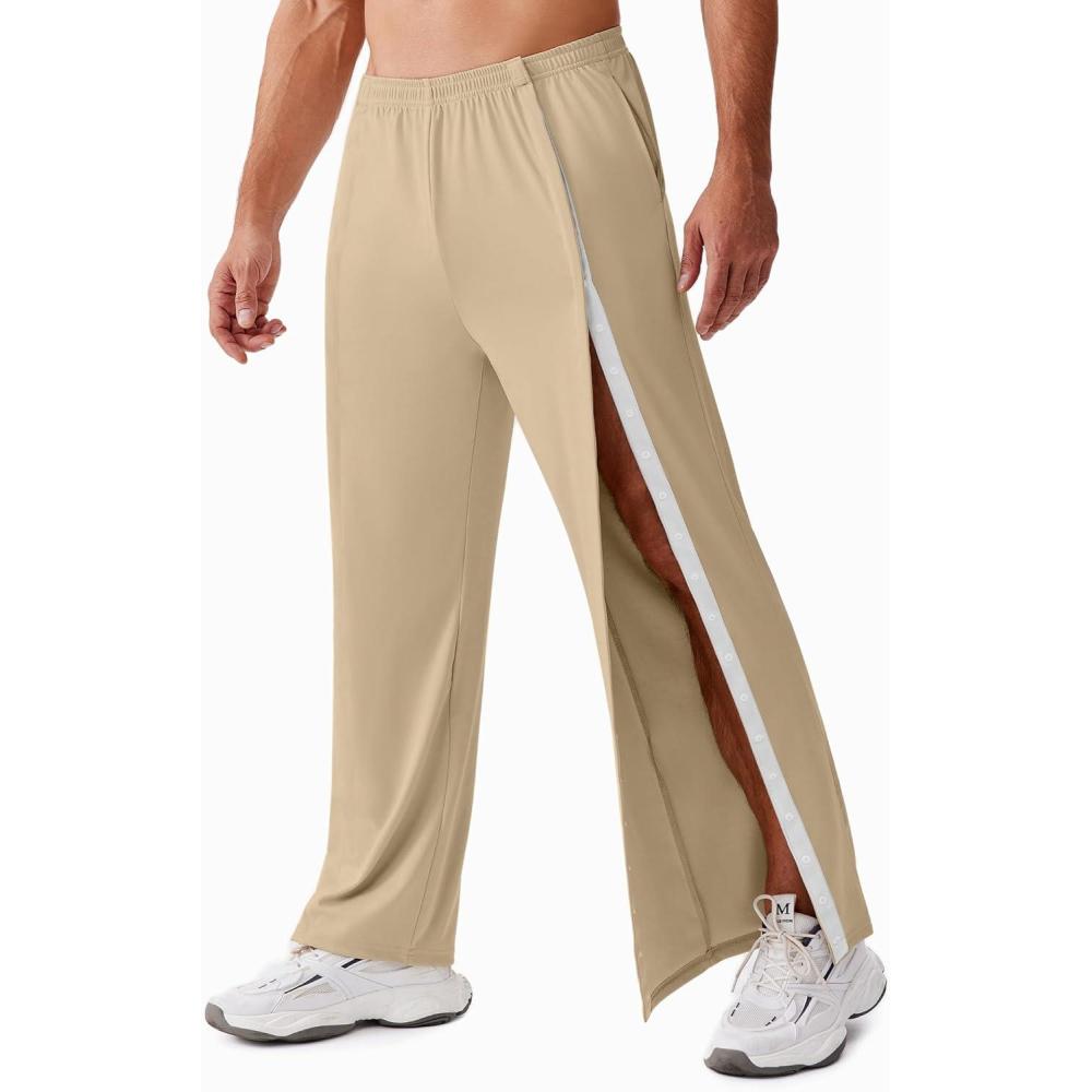 imageDeyeek Tear Away Pants for Men Open Bottom Side Snap On Sweatpants Baggy Post Knee Hip Leg Surgery Recovery Pant with PocketsKhaki