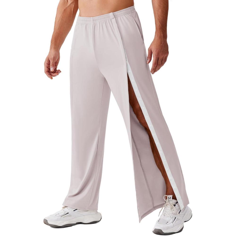 imageDeyeek Tear Away Pants for Men Open Bottom Side Snap On Sweatpants Baggy Post Knee Hip Leg Surgery Recovery Pant with PocketsLight Gray