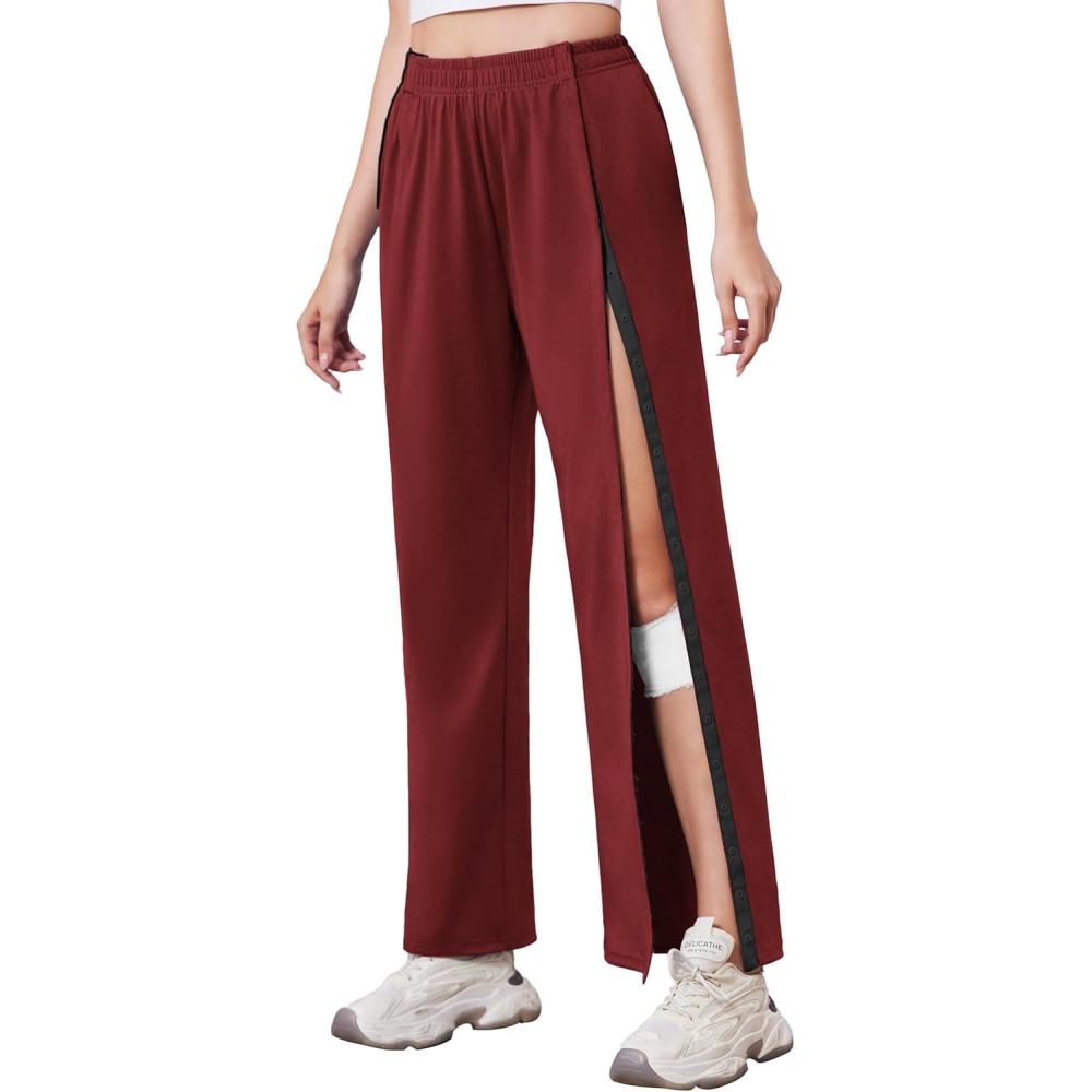 imageDeyeek Tear Away Pants for Women Side Slit Snap Sweatpants Loose Fit Post Surgery Casual Adaptive Clothing with PocketsWine Red