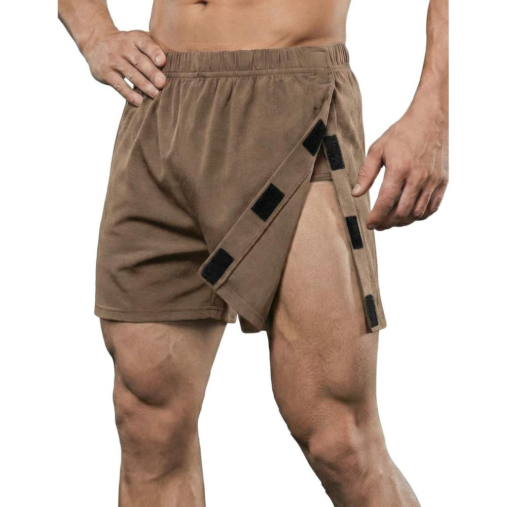 imageDeyeek Unisex Tear Away Shorts 3inch Knee Hip Replacement Kit After Surgery Post Surgery Cotton Shorts Without PocketKhaki