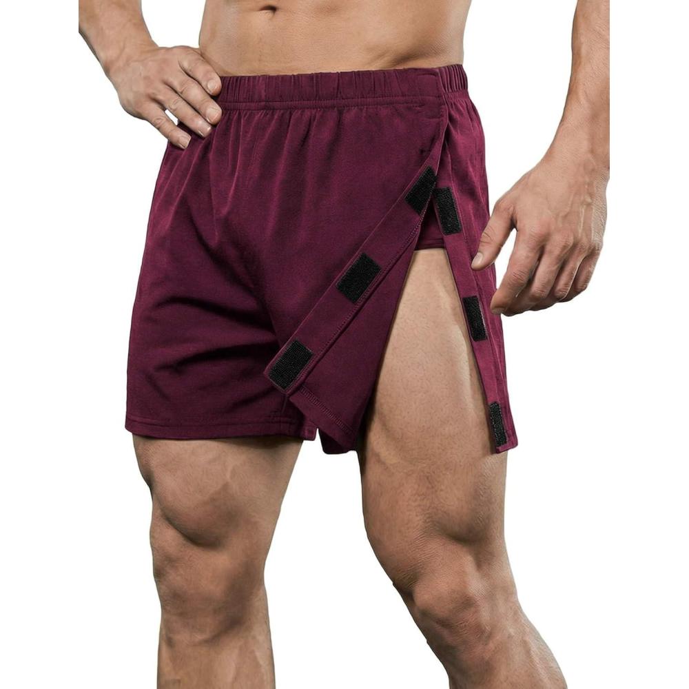 imageDeyeek Unisex Tear Away Shorts 3inch Knee Hip Replacement Kit After Surgery Post Surgery Cotton Shorts Without PocketWine Red